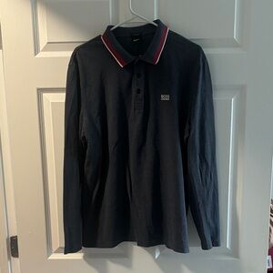 BOSS Men's Dark Blue Polo with Red and White Collar